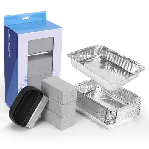 BLUES GRILL PARTS 25 Pack Aluminum Drip Pans & 4 Pack Grill Cleaning Pumice Bricks with Handle, Compatible with Weber Spirit, Genesis, Traveler, Q Series, Disposable Foil Grease Trays, for BBQ/Camping - Image 1
