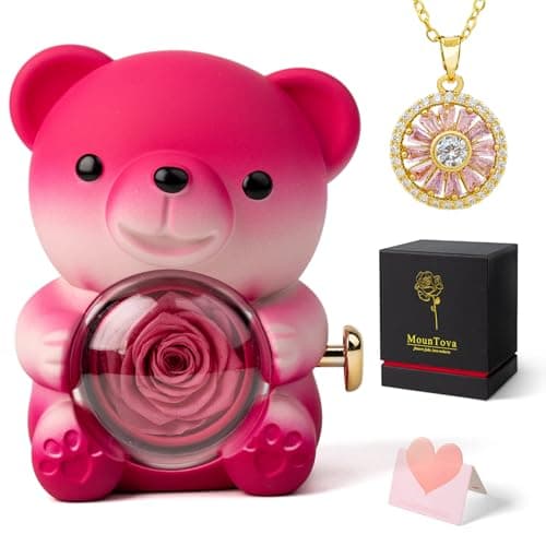 mountova Cute Teddy Bear with Preserved Rose and Necklace, Elegant Bear Roses Gifts with Hidden Jewelry Box for Women, Girlfriend, Wife, Sister, Valentines Day Gift, Forever Eternal Rose Flower Decor - Image 1