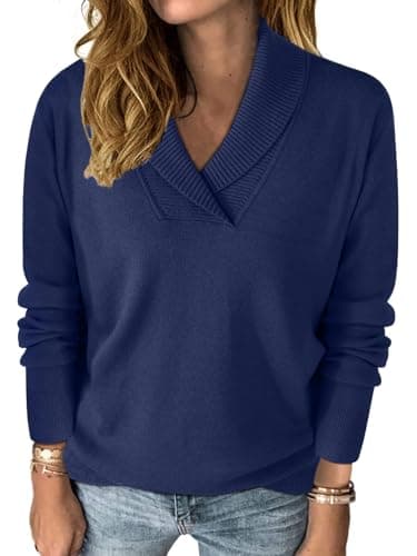 HDLTE Casual V Neck Sweaters for Women Shawl Collar Long Sleeve Work Sweater Dressy Ladies Polo Sweater Fall Winter 2025 (Navy Blue, L) - Image 1