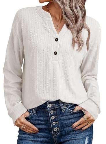 SHEWIN Women Shirts Long Sleeve Ribbed Knit Tops Fall Dressy Tunic Pullover Oversized Sweatshirt Spring Casual Trendy Clothes 2025 V Neck Outfits White Size L - Image 1