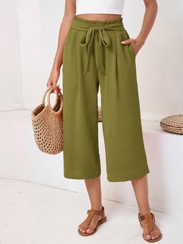 Moodclo Capri Pants for Women Army Green Medium High Waisted Wide Leg Casual Lounge Pant Summer Adjustable Knot with Pockets - Thumbnail 2