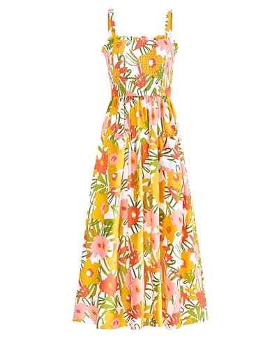 PRETTYGARDEN Womens Summer Dresses 2026 Casual Spaghetti Strap Ruffle Smocked Flowy Floral Spring Maxi Dress with Pocket(White Yellow Flower,Medium) - Image 1