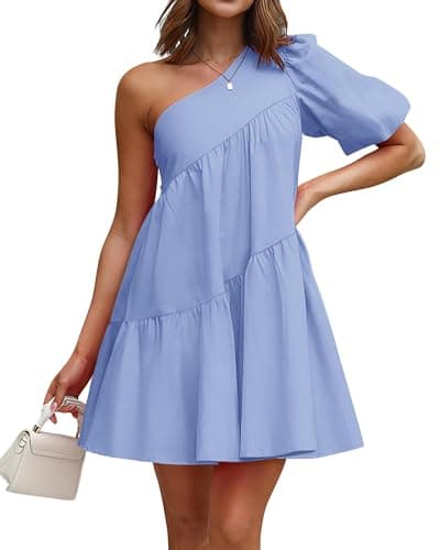 KIRUNDO Summer One Shoulder Mini Baby Doll Dresses Women 2026 Casual Puff Sleeve Loose Tiered A Line Flowy Short Dress(Blue, X-Large) - Image 1