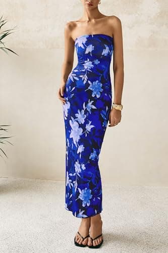 PRETTYGARDEN Women's 2026 Summer Floral Bodycon Maxi Dresses Ribbed Strapless Tube Casual Boho Party Long Dress (Floral Blue,X-Small) - Thumbnail 5