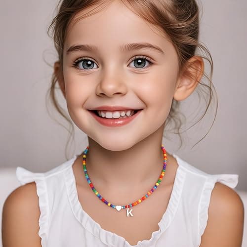 Eaciy Silver Initial Necklaces for Women - Colorful Beaded Letter T Initial Necklace Cute Heart Necklaces Silver Necklace Jewelry for Women - Thumbnail 4