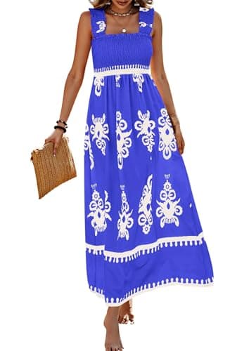 PRETTYGARDEN Womens Summer Boho Maxi Dress 2026 Casual Sleeveless Square Neck Floral Aline Smocked Beach Dresses with Pockets (Floral Royal Blue White,Medium) - Image 1
