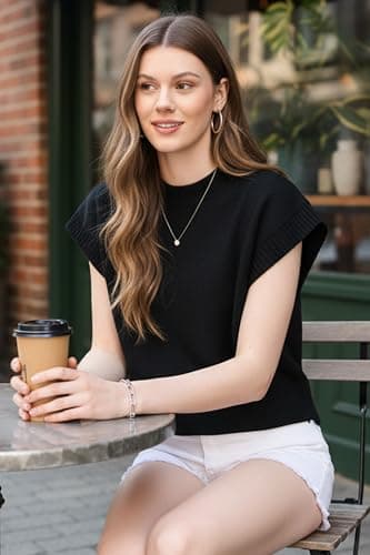 Orolay Women's Short Sleeve Mock Neck Sweater Vest Cap Sleeve Solid Knit Top - Lightweight Business Casual Black - Thumbnail 2