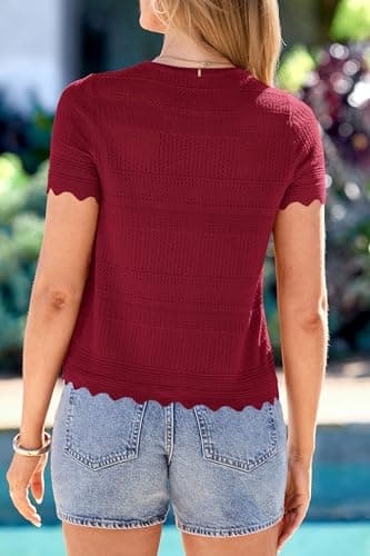 dowerme Women Summer Cardigan Sweaters 2026 Fashion Short Sleeve V Neck Crochet Crop Tops Spring Beach Vacation Clothes(Burgundy,Large) - Thumbnail 5