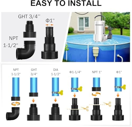SHANGDA Sump Pump 1.5HP Submersible Water Pump 4500GPH Stainless Steel Electric Clean/Dirty Water Draining Transfer Pumps with Adapters for Pool Hot Tub Pond - Thumbnail 6