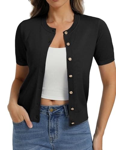 Belle Poque Women Short Sleeve Cardigan Sweater Lithtweight Crewneck Button Up Summer Cardigan (Black, S) - Image 1