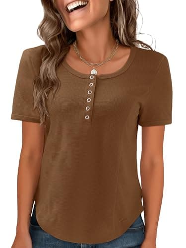 Bellcoco Women's Waffle Knit Tops Short Sleeve Button Henley Shirts Business Casual Blouses Lightweight Summer Top 2026 Brown M - Image 1