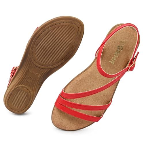 Goldnut Comfortable Flats Red Sandals for Women Dressy Strappy Flats Ankle Strap Buckle Walking Casual Sandal size 5 - Image 1