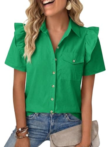 Cicy Bell Womens Ruffle Button Down Shirts Dressy Casual Short Puff Sleeve Cotton Tops Summer Loose Fit V Neck Blouses Green - Image 1
