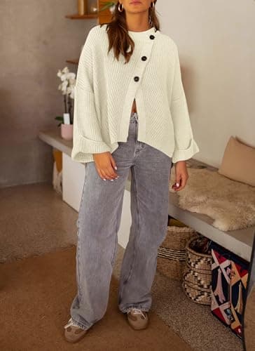 Balimtoy Womens Oversized Chunky Knit Cardigan Sweaters Trendy Long Sleeve Crew Neck Button Down Wrap Sweater Jackets White S - Thumbnail 6