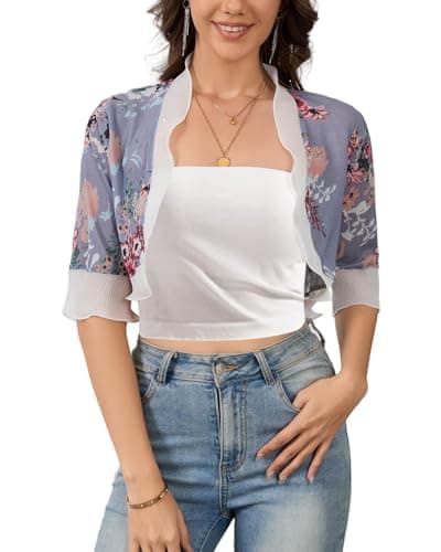 Molirex Cardigan for Dress Cover Up, Women 3/4 Sleeve Shrugs Summer Cropped Open Front Bolero Sweater Floral Grey S - Image 1