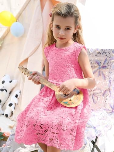 ALLOVIN Girls & Toddlers Sleeveless A-Line Lace Party Dress Birthday Wedding & Flower Girl Dress with Beaded Bowknot | Rose Pink | 6-7Y - Thumbnail 2