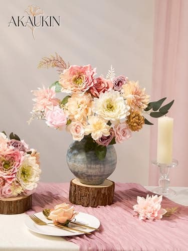AKAUKIN Light Pink Artificial Flowers Combo, Fake Silk Dahlia Roses Bulk with Stems Box Mix for Wedding Bridal Bouquets, Baby Shower, Party, Table Centerpieces, Home Decor & DIY Floral Arrangements - Thumbnail 2