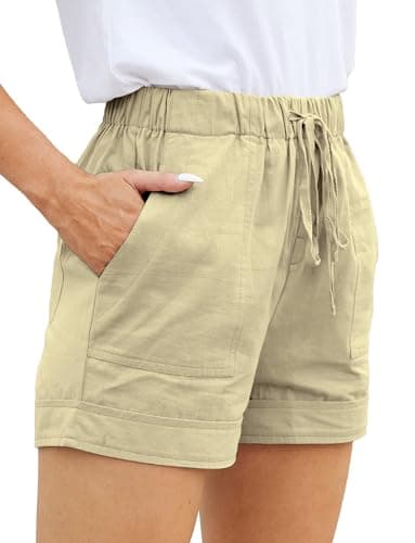WROLEM Womens Comfy Drawstring Casual Elastic Waist Pocketed Loose Fit Shorts Plus Size(S-3XL) Khaki - Image 1