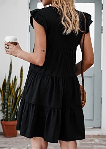 KIRUNDO Womens Dresses Summer Casual Sleeveless Ruffle Sleeve Round Neck Black Loose Short Flowy Pleated Mini Babydoll Dress(Black, X-Large) - Thumbnail 5