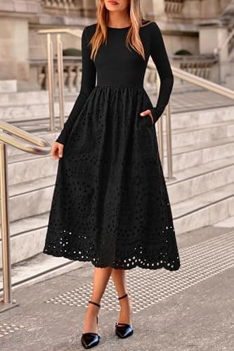 dowerme Women Spring Dresses 2026 Casual Long Sleeve Crewneck A-Line Boho Eyelet Cotton Maxi Wedding Guest Dress Pockets(Black,Small) - Thumbnail 2