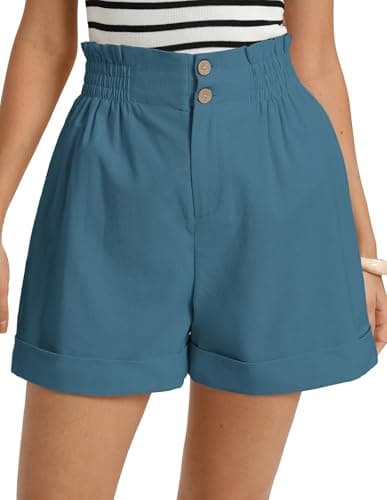 GRACE KARIN Linen Short for Women Honeymoon Vacation Outfits Travel Lounge Shorts with 2 Buttons Pockets Denim Blue M - Image 1