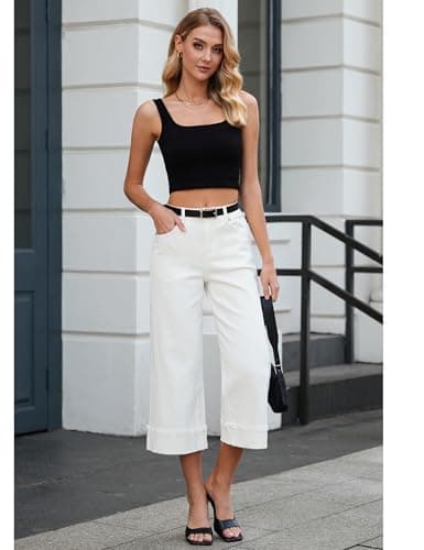 Vetinee Capris Jeans for Women Wide Leg High Waisted Trendy Fold Hem Summer Casual Stretchy Denim Jean Capri Pants Baggy Capris for Women Wide Legged Jeans Off White X-Large Fits Size 16-18 - Thumbnail 4