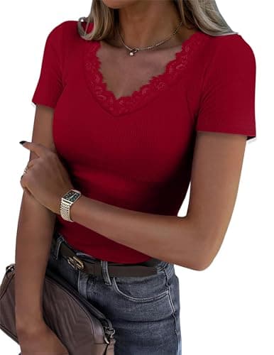 Dlaboonba Womens Lace V Neck Tops Short Sleeve Ribbed Knit Top Summer Slim Fit Casual T Shirts Blouse Red - Image 1