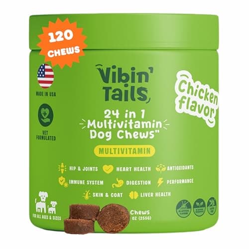 Vibin’ Tails 24-in-1 Dog Multivitamin, Glucosamine Chondroitin Hip & Joint Support, Probiotics & Omega-3, Skin & Coat - Puppy & Senior Chewable Dog Vitamins & Supplements Vet Formulated- 120ct Chicken - Image 1