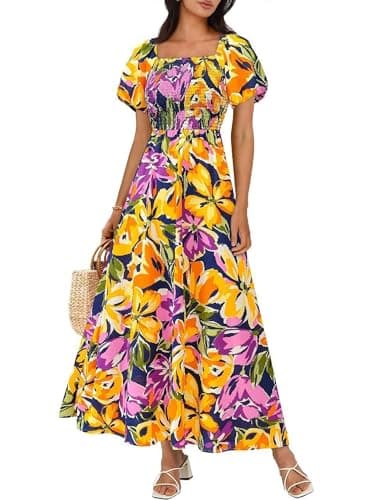 BTFBM Womens Spring 2026 Casual Maxi Dresses Short Sleeve Smocked Tiered Floral Boho Long Beach Dress with Pockets(Floral Navy Yellow Purple,Large) - Image 1