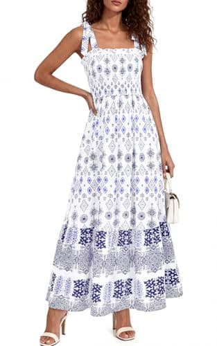 PRETTYGARDEN Square Neck Smocked A Line Long Summer Dress Boho Sleeveless Vintage Floral Long Wedding Guest Dresses for Women (White Blue Flower, X-Large) - Image 1