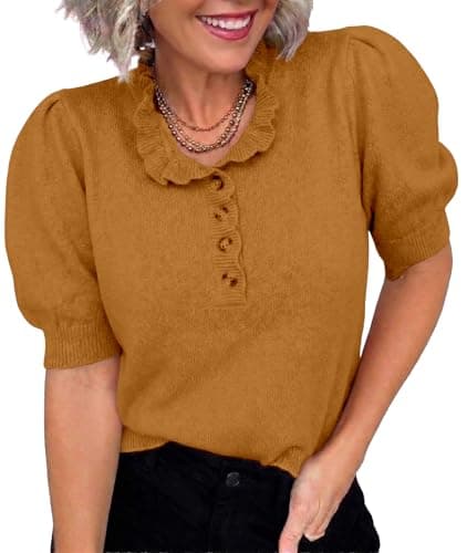 MONORA Short Sleeve Sweater for Women Trendy Pullover Knit Tops 2026 Ruffle Crewneck Puff Sleeve Spring Summer Fashion Lightweight Business Casual Outfits Mustard Yellow - Image 1
