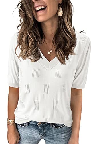 Arach&Cloz Women's Summer Fall Tops 2025 Short Sleeve Plus Size Lightweight Sweaters V Neck Trendy Fashion Knit Clothes Clothing Dressy Cute Casual Outfits Business Work Blouse Beige Off White XXL - Image 1