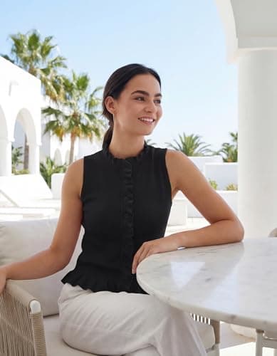 Hilomirics Womens Sleeveless Sweater Vest Mockneck Button Down Vacation Tank Top Summer Ruffle Going Out Vest Tops Black - Thumbnail 5