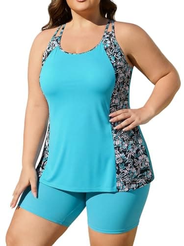 AOVDE Women's Plus Size Tankini Swimsuits: Two Piece Bathing Suits Tank Tops with Boy Shorts Flowy Swimwear for Curvy Women Lake Blue - Image 1