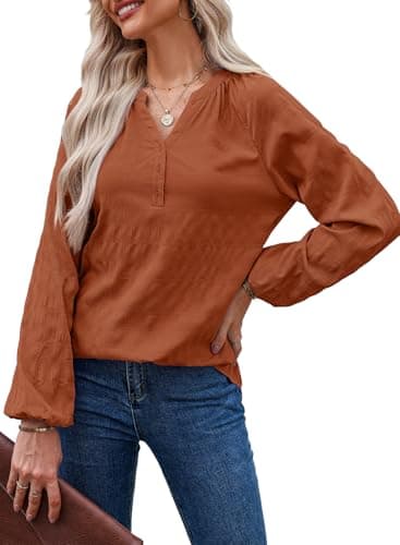 Dokotoo Women's Trendy Fashion Tops V Neck Flowy Button Down Brown Shirts Puff Long Sleeve Business Casual Textured Solid Blouses Spring Outfits XX-Large - Image 1