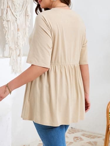 Beautife Womens Plus Size Summer Babydoll Tops Short Sleeve Crew Neck T Shirts Peplum Casual Loose Fit Blouse Khaki - Thumbnail 5