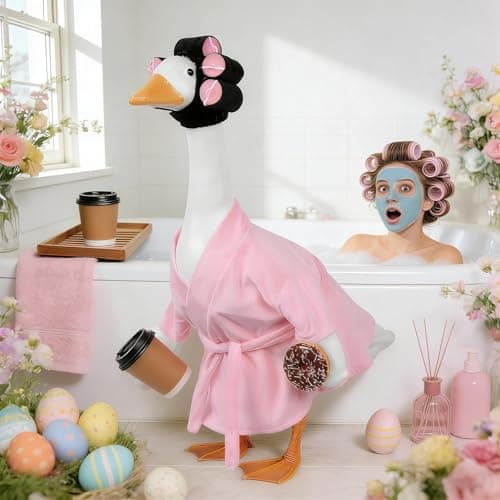 yuboo Lady Porch Goose Outfit 23 Inch Pink Bathrobe, Spring Goose Clothes Porch Geese Accessories Pink Pajamas Robe Curlers and Coffee Cup for Spring Easter Funny Decoration - Thumbnail 3