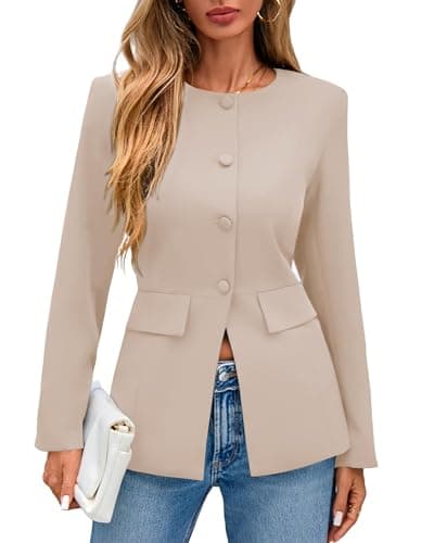 Lazysmile Blazers for Women Long Sleeve Crewneck Button Down Suit Jackets Work Office Business Casual Outfits with Pockets Khaki - Image 1