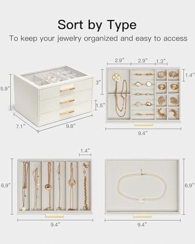 VLANDO Jewelry Box for Women, Glass Lid Jewelry Organizer with 3 Drawers for Necklaces Rings Earrings Bracelets Mother Day Gift for Mom - Cloud White - Thumbnail 6