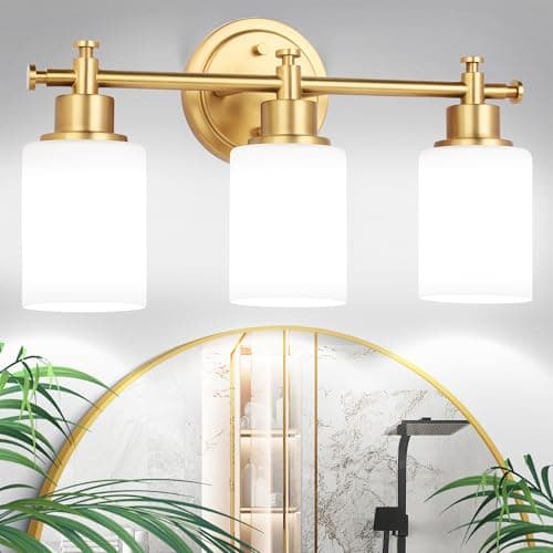 imizdlum 3-Light Gold Bathroom Vanity Light Fixtures, Brushed Gold Wall Sconce, Champagne Gold Vanity Light with Milky White Glass Shade Over Mirror, Bathroom, Bedroom, Modern Style, E26 Base - Image 1