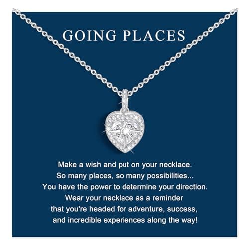 Compass Women's Heart Necklace-Silver/14K Gold Plated Zircon Friendship Compass Pendant Heart Jewellery College Graduation Gifts Necklace for Her/Daughter/Girlfriend/Niece/Granddaughter/Best Friend - Image 1