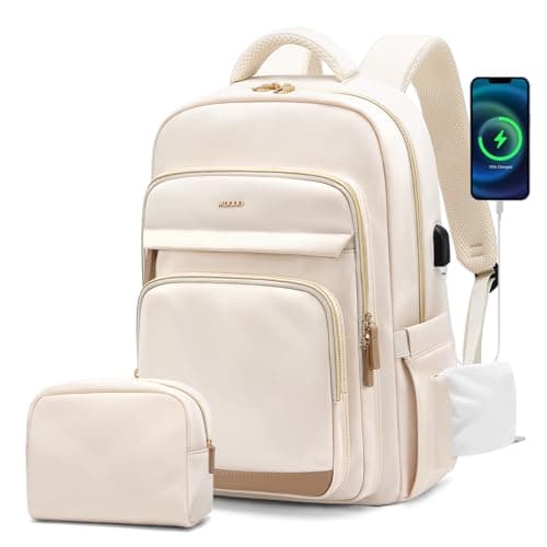 MDODO Laptop Backpack for Women,Travel Backpack with Laptop Compartment,Casual Daypack College Bookbag Computer Backpack for Work with Small Organizer Bag,Beige - Image 1