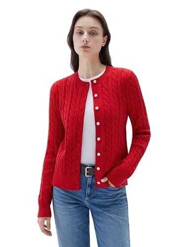 SUUKSESS Women Cable Knit Cashmere Blend Sweaters Crew Neck Button Up Chunky Cardigan Long Sleeve Cropped Fall Fashion Outfits Jackets (Wine Red, XS) - Image 1