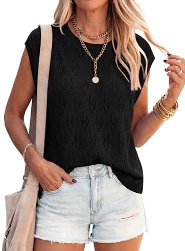 PRETTYGARDEN Crochet Tops for Women 2026 Summer Sweater Vest Knit Cap Sleeve Hollow Out Tank Coverup Spring Fashion Clothing (Black,XX-Large) - Image 1