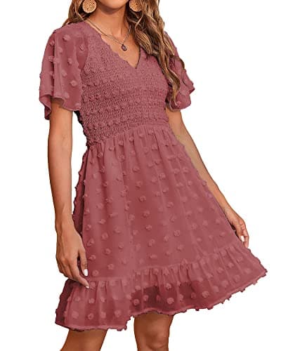 BTFBM Womens Beach Vacation Dress Summer 2026 V Neck Short Sleeve Smocked Swiss Dot Ruffle Casual Mini Spring Dresses(Bean Paste Red, X-Large) - Image 1