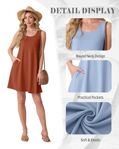 FREEOAK Womens Dresses Brown Red - A-Line Summer Beach Vacation Clothes with Pockets Sleeveless V Neck Cute Flowy Sundress - Thumbnail 5