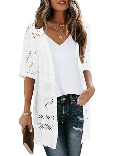 KISSMODA Womens Crochet Summer Cardigan Sweaters White Short Sleeve Lightweight Hollow Out Plus Size Cardigans for Beach for Island Getaways XL - Thumbnail 4