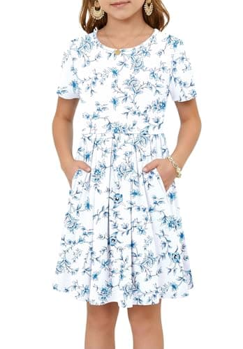Girls Summer Short Sleeve Dress Kids Casual Crew Neck Pleated Loose A Line Swing Knee Length Cute Dress with Pockets White Cyan Floral M - Image 1