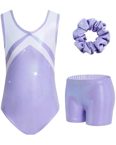 JiAmy Gymnastics Leotards for Girls with Shorts Sparkly Ballet Dance Outfit Activewear Purple for Girls 3-4 Years - Image 1