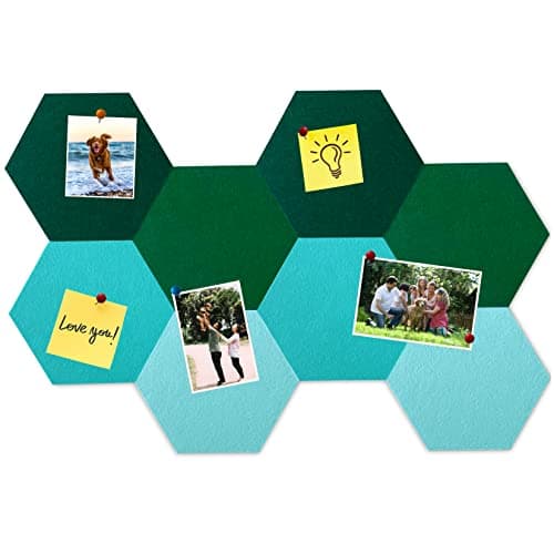 HULAVO 8Pcs Hexagon Felt Cork Board Tiles, Self Adhesive DIY Bulletin Board Pin Board for Office School Home Wall Decor Stickers Memos Photos Display (Gradual Green)